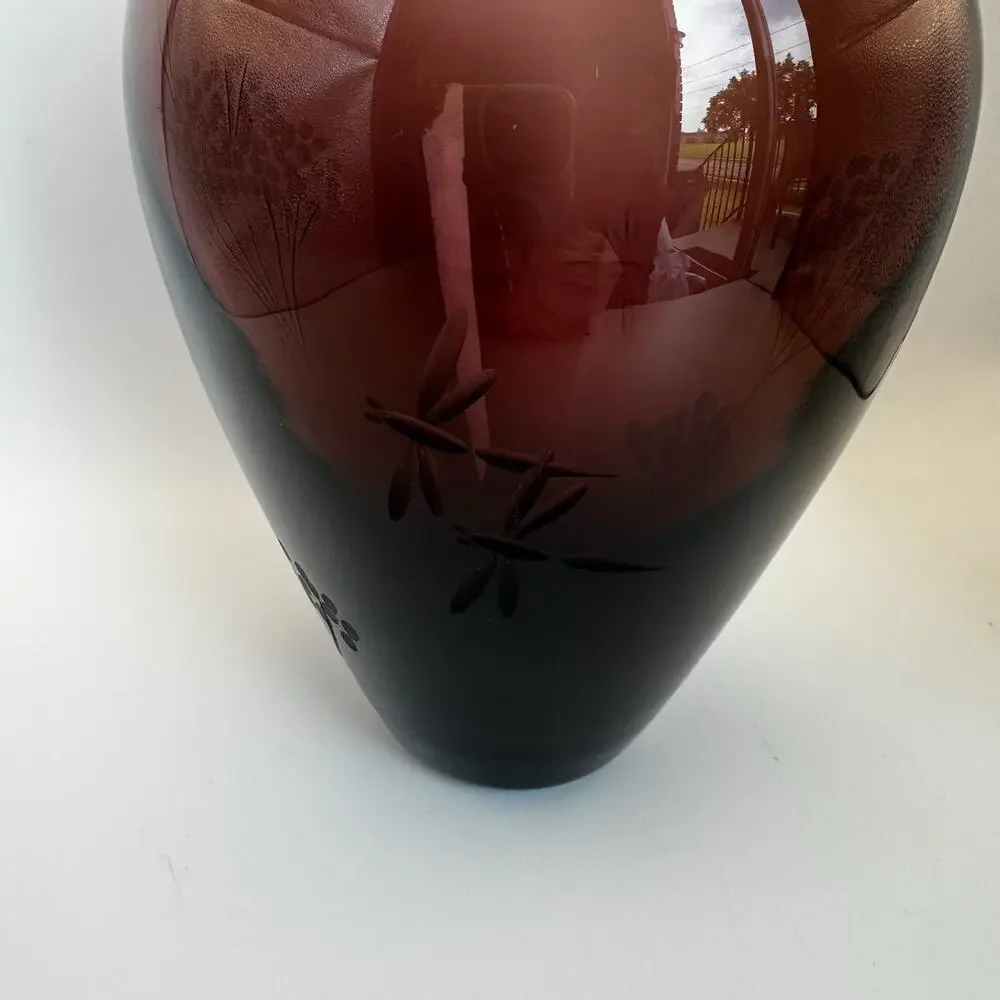 Hand Blown Ruby‎ Red Vase Etched Trees & Dragonfly 8”